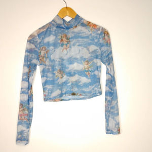 Vintage Y2k Mesh Long Sleeve Cropped Top Shirt Angels Clouds Extra Small Blue